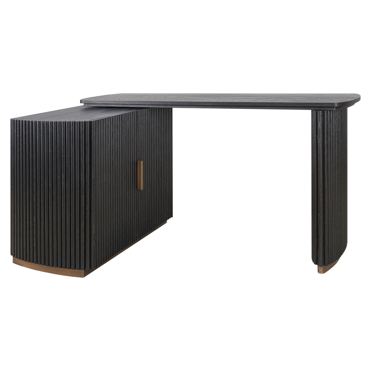 Contemporary dark wood office desk with brass accents and storage