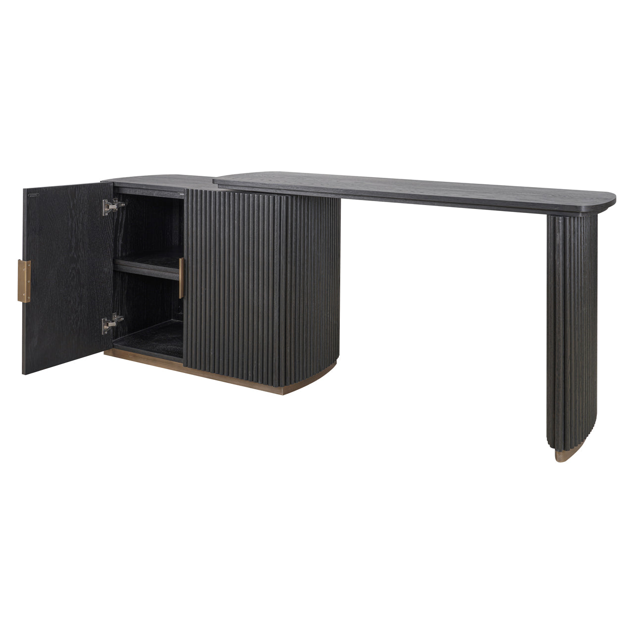 Contemporary dark wood office desk with brass accents and storage