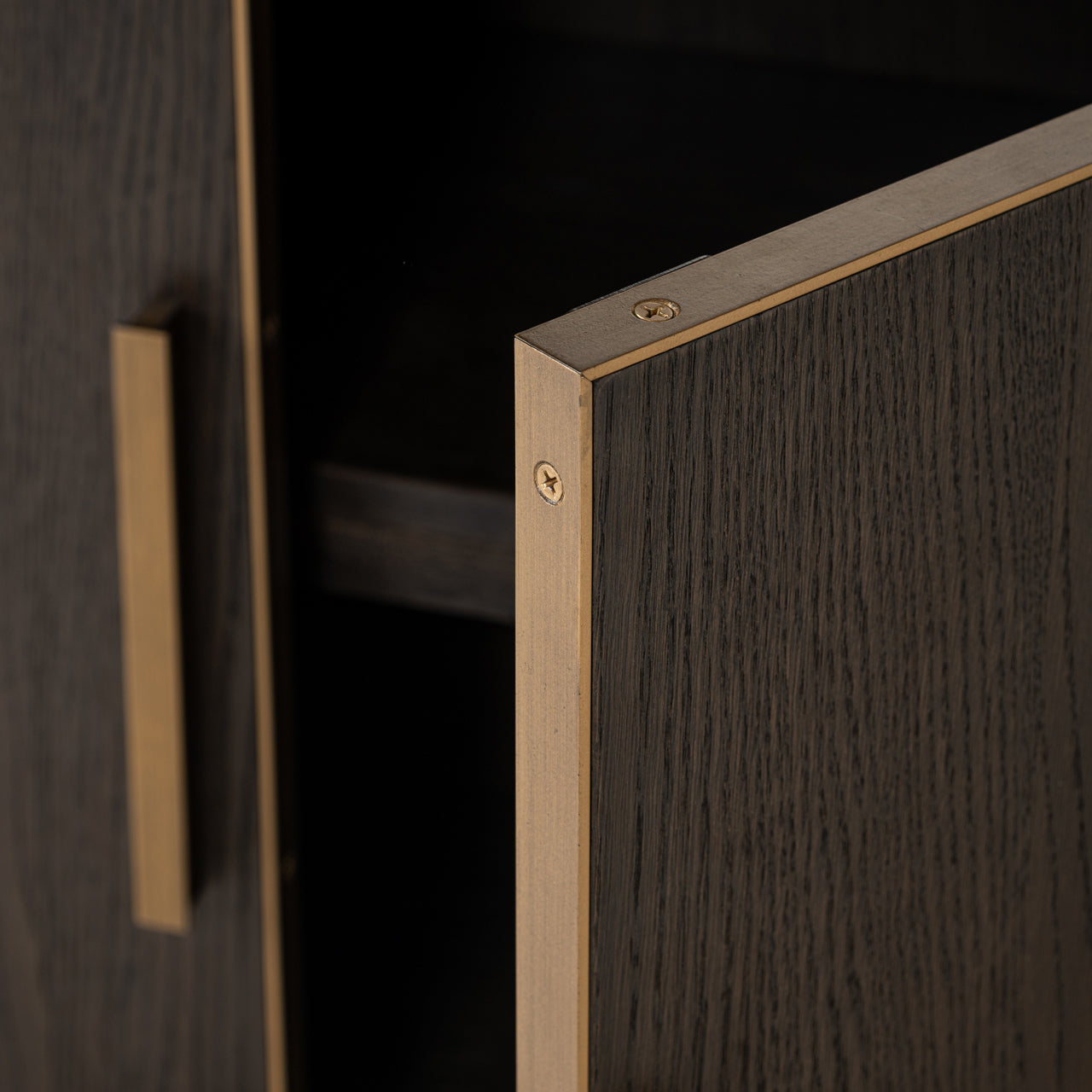 Large Carter display cabinet with open shelves, dark oak storage base and gold metal frame