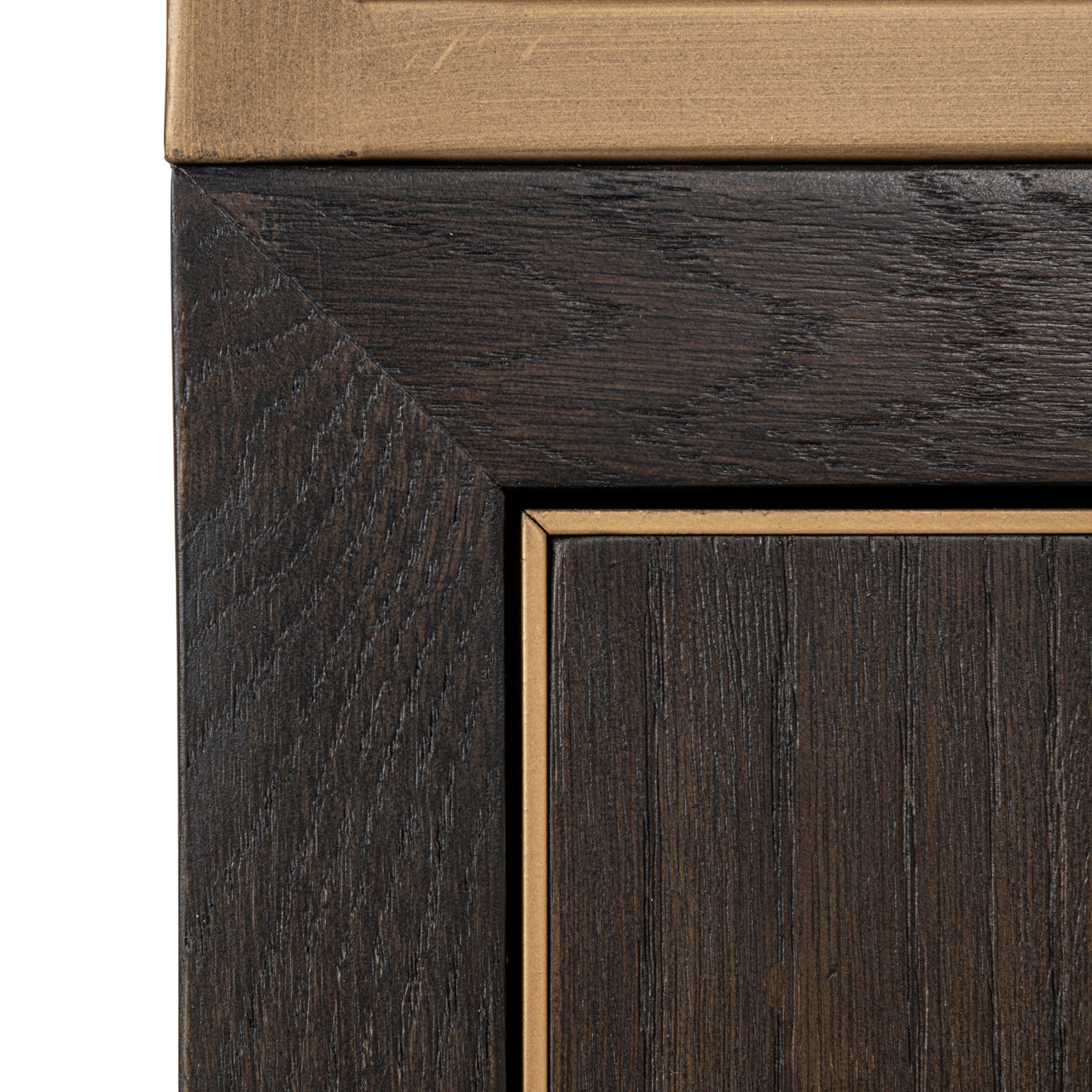 Large Carter display cabinet with open shelves, dark oak storage base and gold metal frame