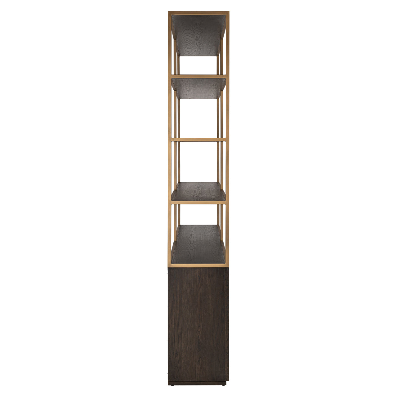 Large Carter display cabinet with open shelves, dark oak storage base and gold metal frame