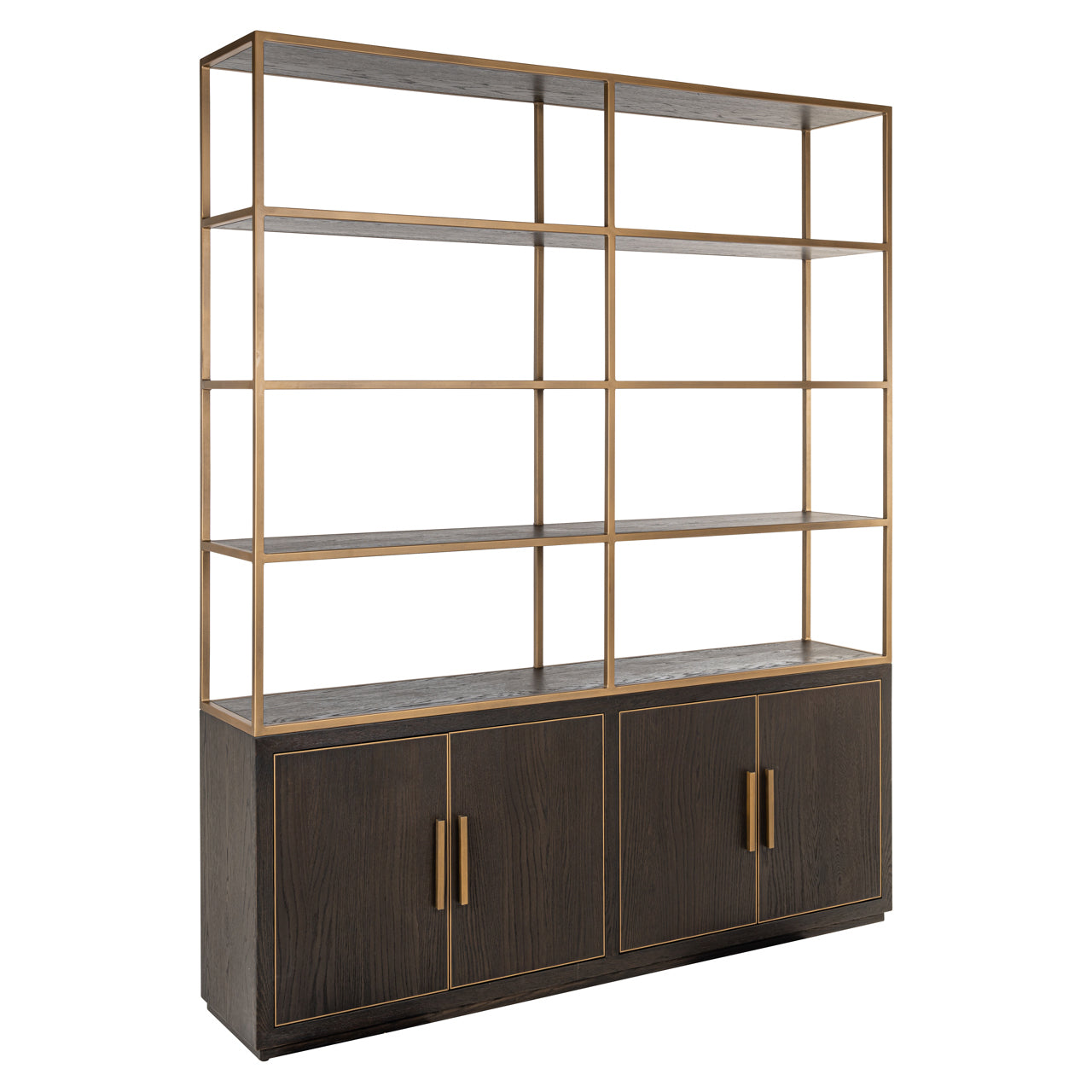 Large Carter display cabinet with open shelves, dark oak storage base and gold metal frame