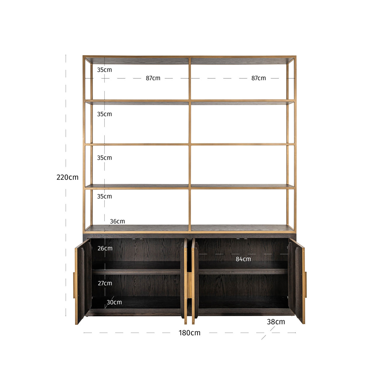 Large Carter display cabinet with open shelves, dark oak storage base and gold metal frame