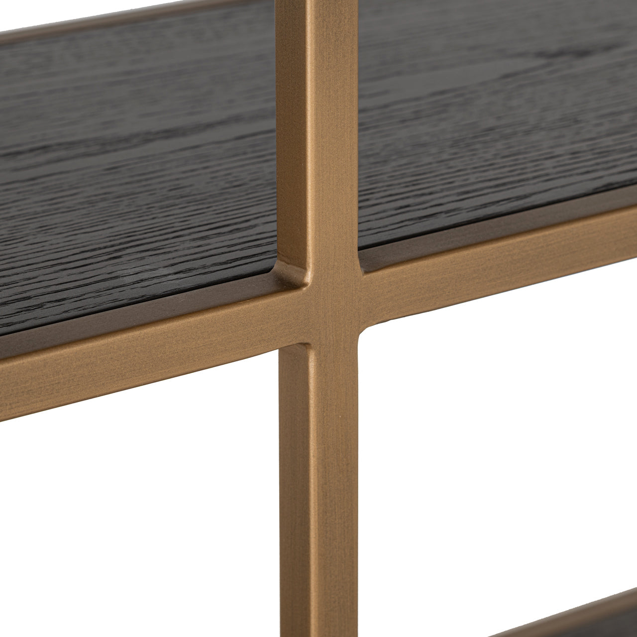 Large Carter display cabinet with open shelves, dark oak storage base and gold metal frame