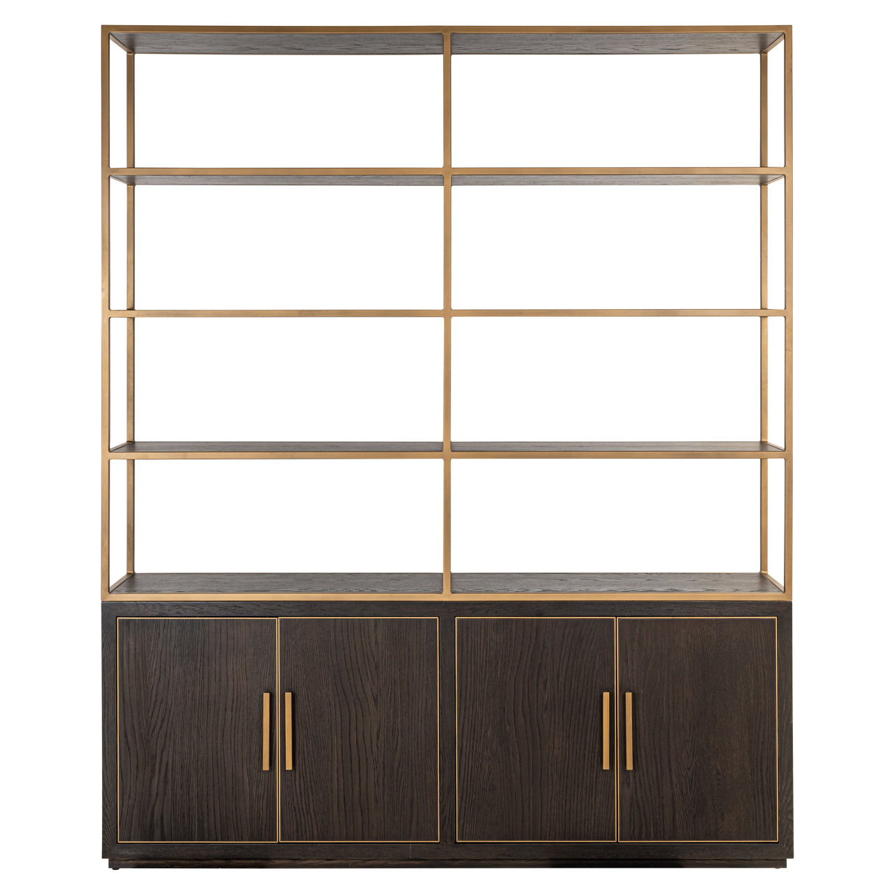 Large Carter display cabinet with open shelves, dark oak storage base and gold metal frame