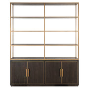 Large Carter display cabinet with open shelves, dark oak storage base and gold metal frame