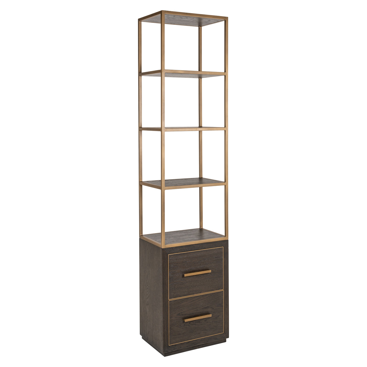 standing shelving unit with open display shelves, dark wood storage and metal frame