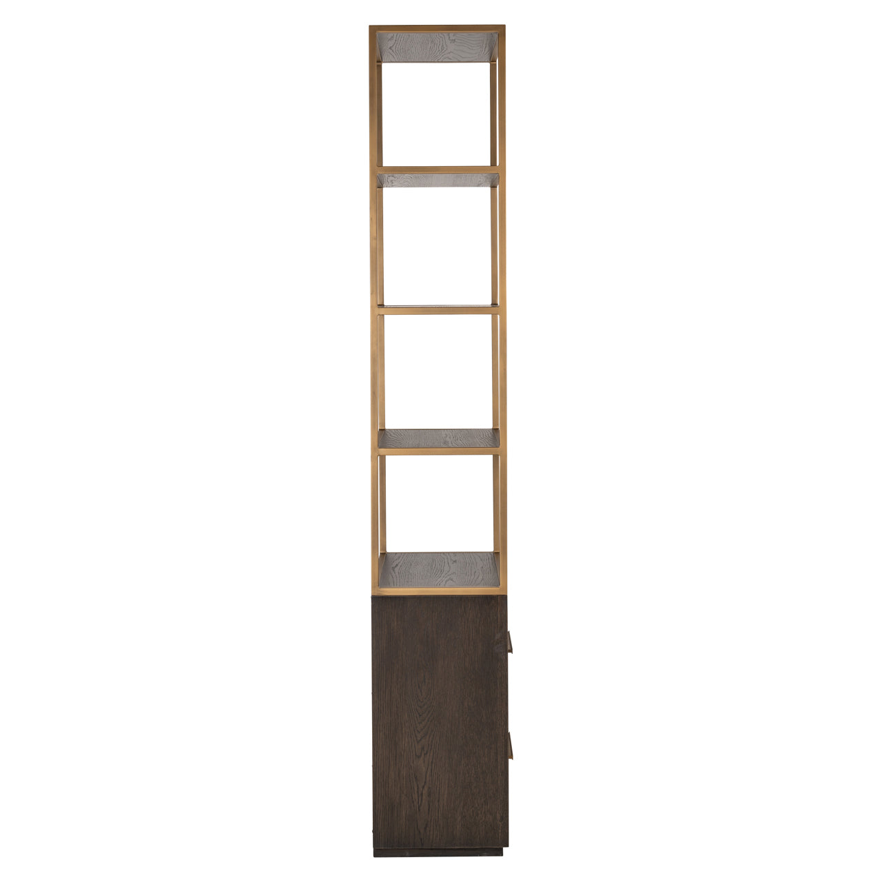 standing shelving unit with open display shelves, dark wood storage and metal frame