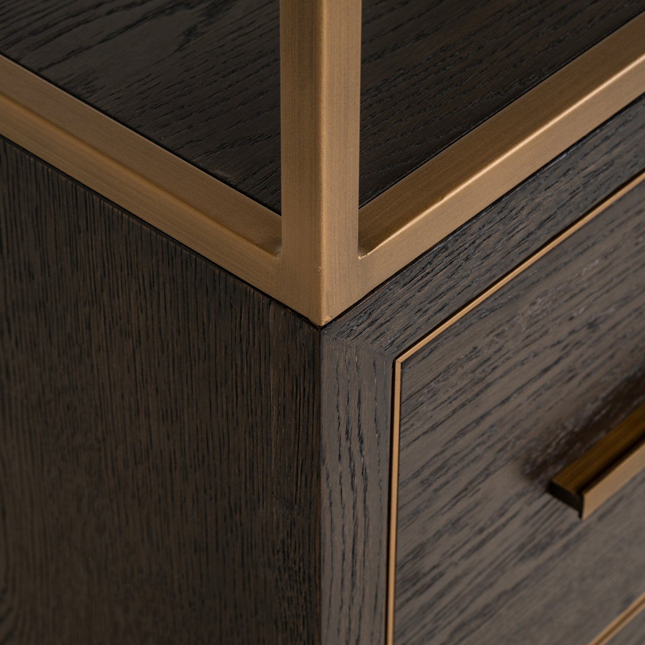 standing shelving unit with open display shelves, dark wood storage and metal frame