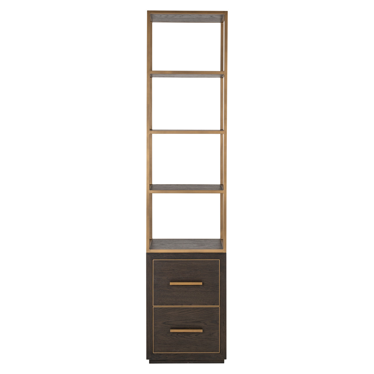standing shelving unit with open display shelves, dark wood storage and metal frame