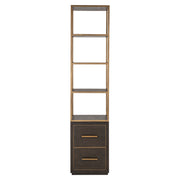 standing shelving unit with open display shelves, dark wood storage and metal frame