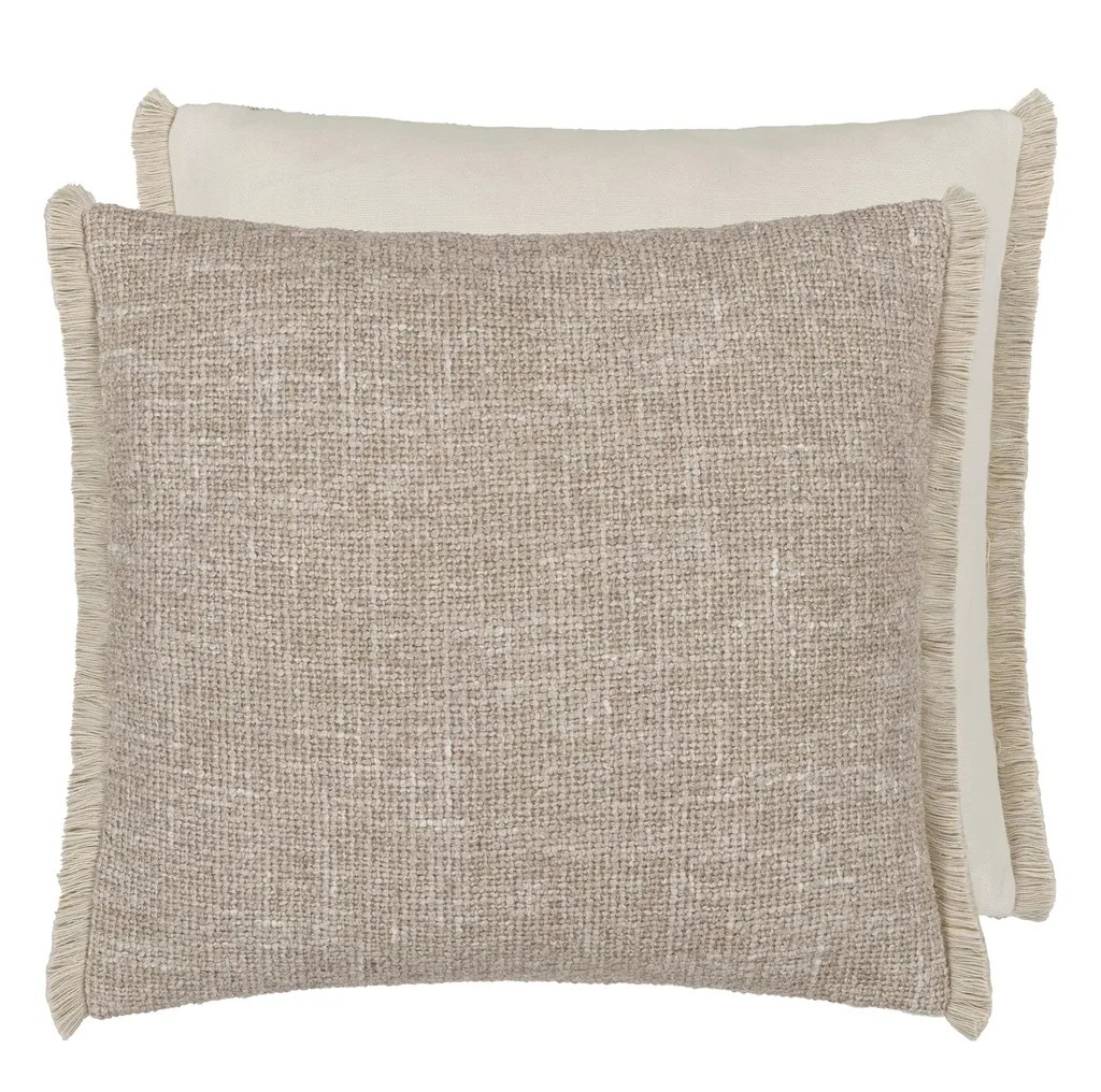 Ivory and sand boucle cushion with fringe 
