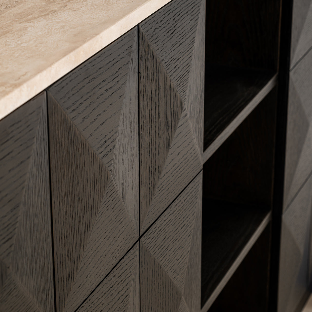 Dark Wood Sideboard with Marble Top and Geometric Doors – Modern Storage Cabinet