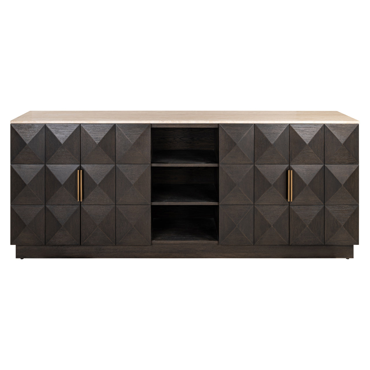 Dark Wood Sideboard with Marble Top and Geometric Doors – Modern Storage Cabinet