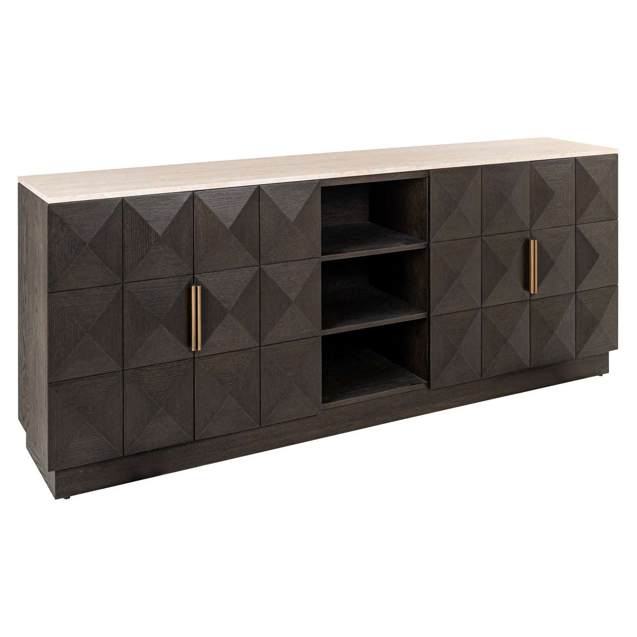 Dark Wood Sideboard with Marble Top and Geometric Doors – Modern Storage Cabinet