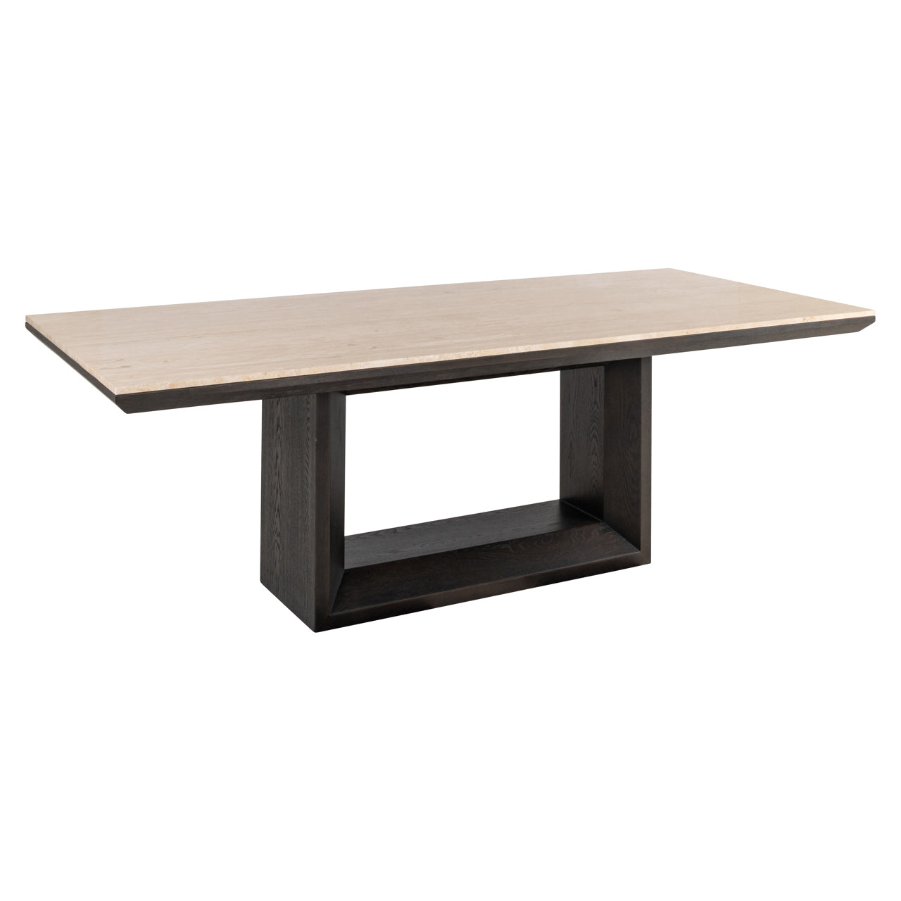 Luxury dining table with marble effect top and dark wood pedestal