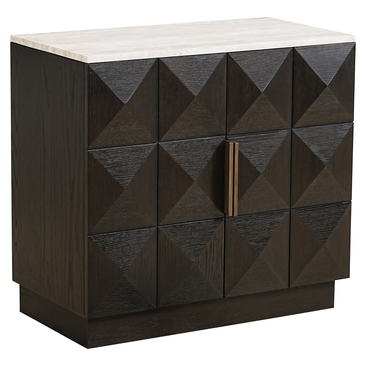 Compact Dark Oak Sideboard with Travertine Top – Modern Geometric Storage Cabinet
