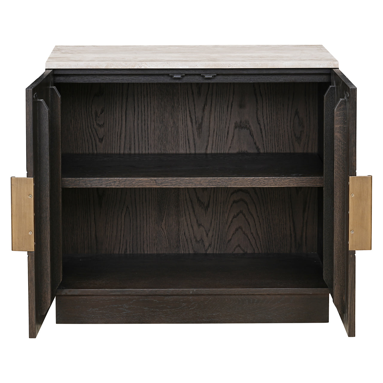 Compact Dark Oak Sideboard with Travertine Top – Modern Geometric Storage Cabinet