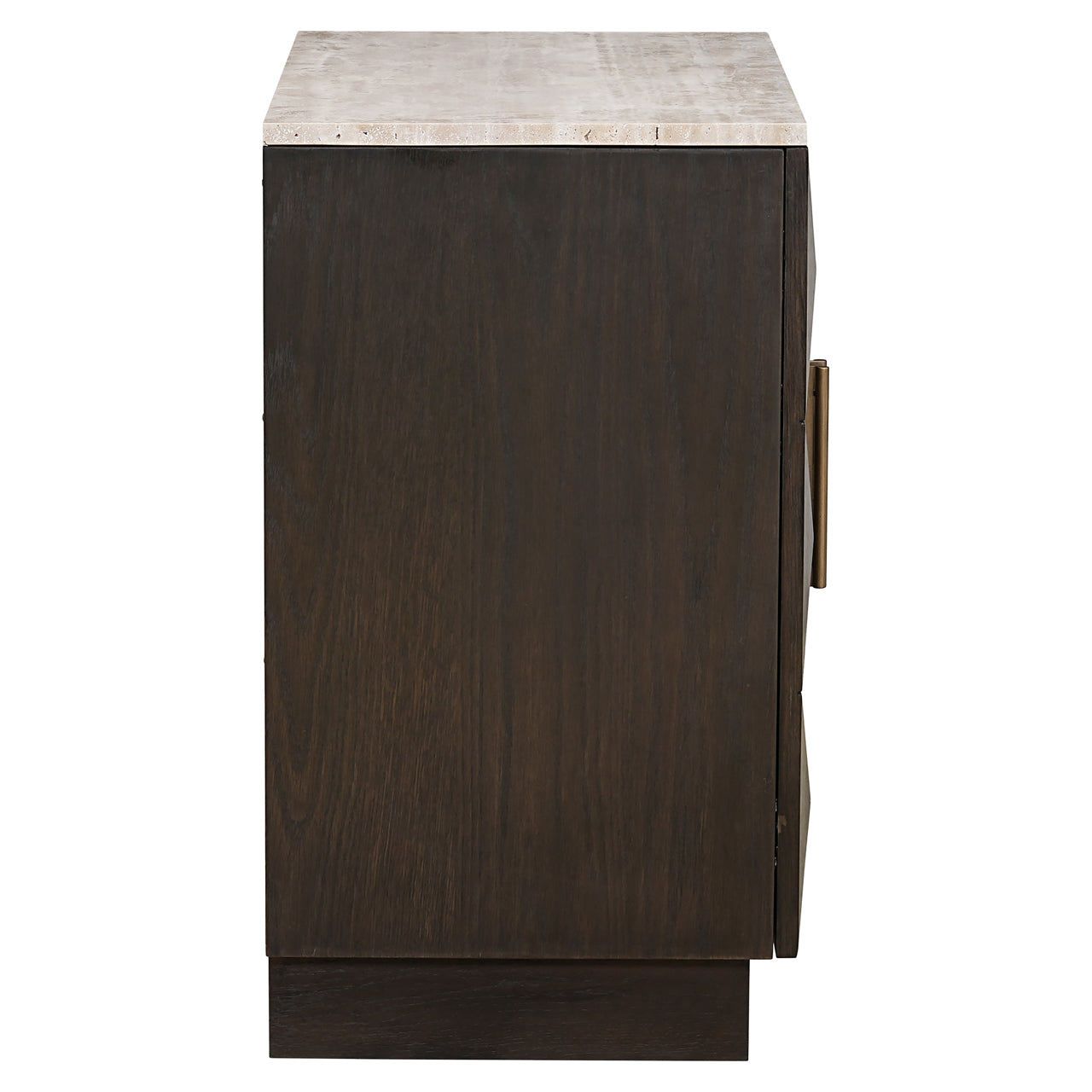 Compact Dark Oak Sideboard with Travertine Top – Modern Geometric Storage Cabinet