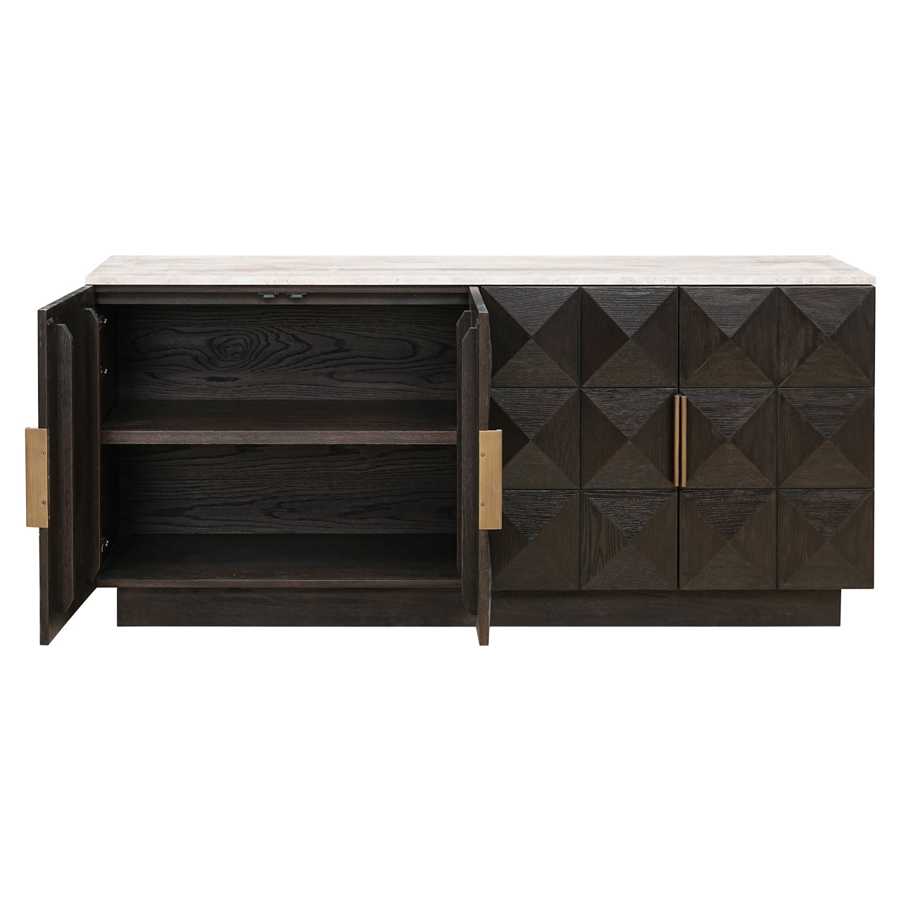 Dark Oak Geometric Sideboard with Travertine Top – Modern Luxury Storage Cabinet