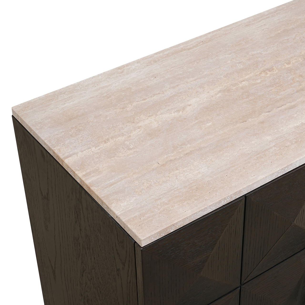 Dark Oak Geometric Sideboard with Travertine Top – Modern Luxury Storage Cabinet