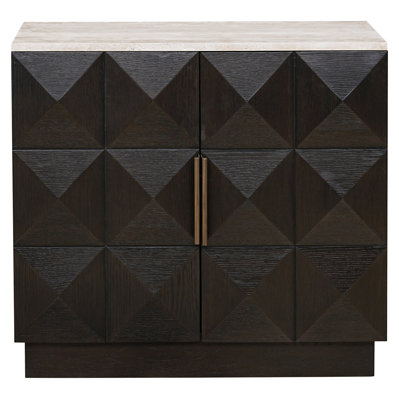 Compact Dark Oak Sideboard with Travertine Top – Modern Geometric Storage Cabinet