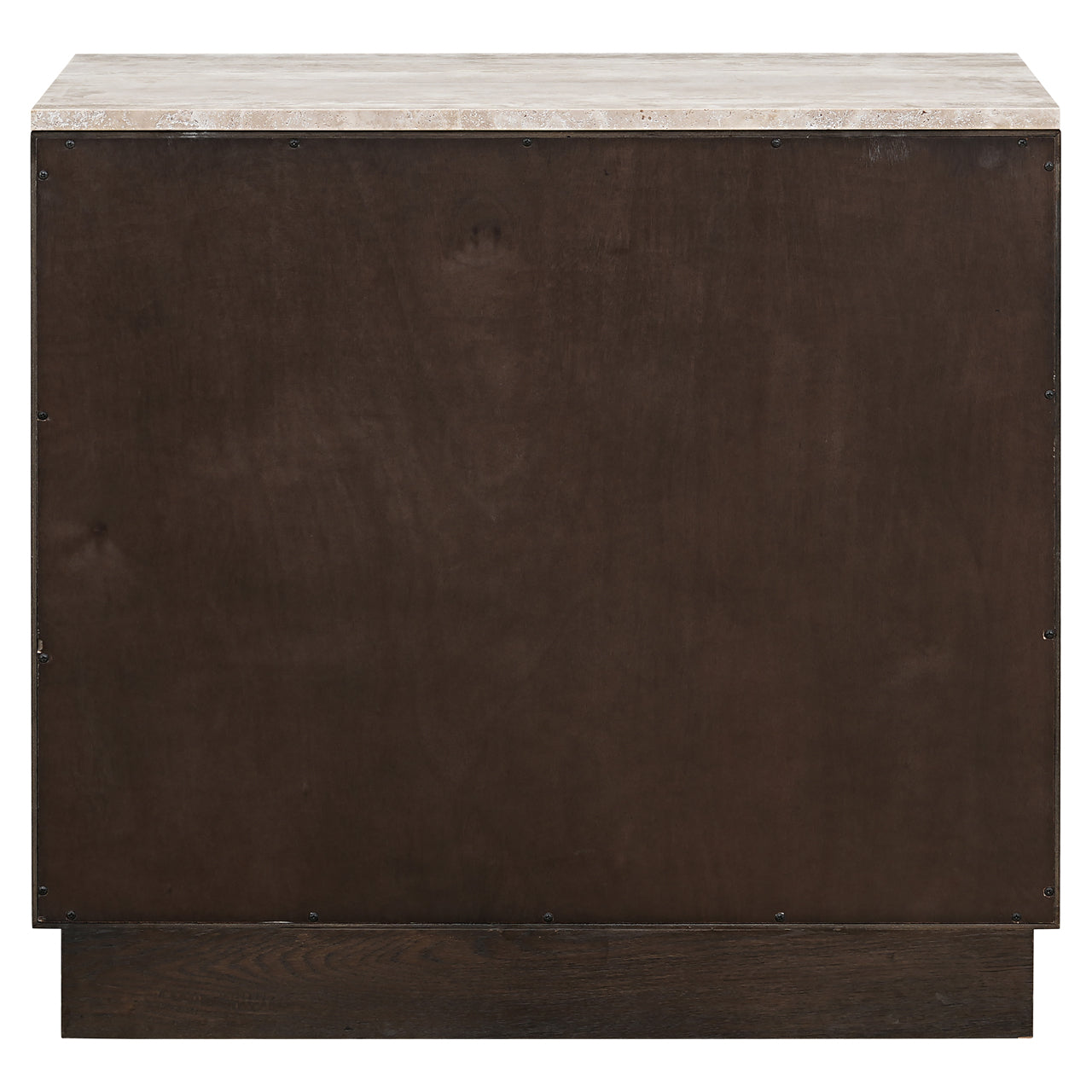 Compact Dark Oak Sideboard with Travertine Top – Modern Geometric Storage Cabinet