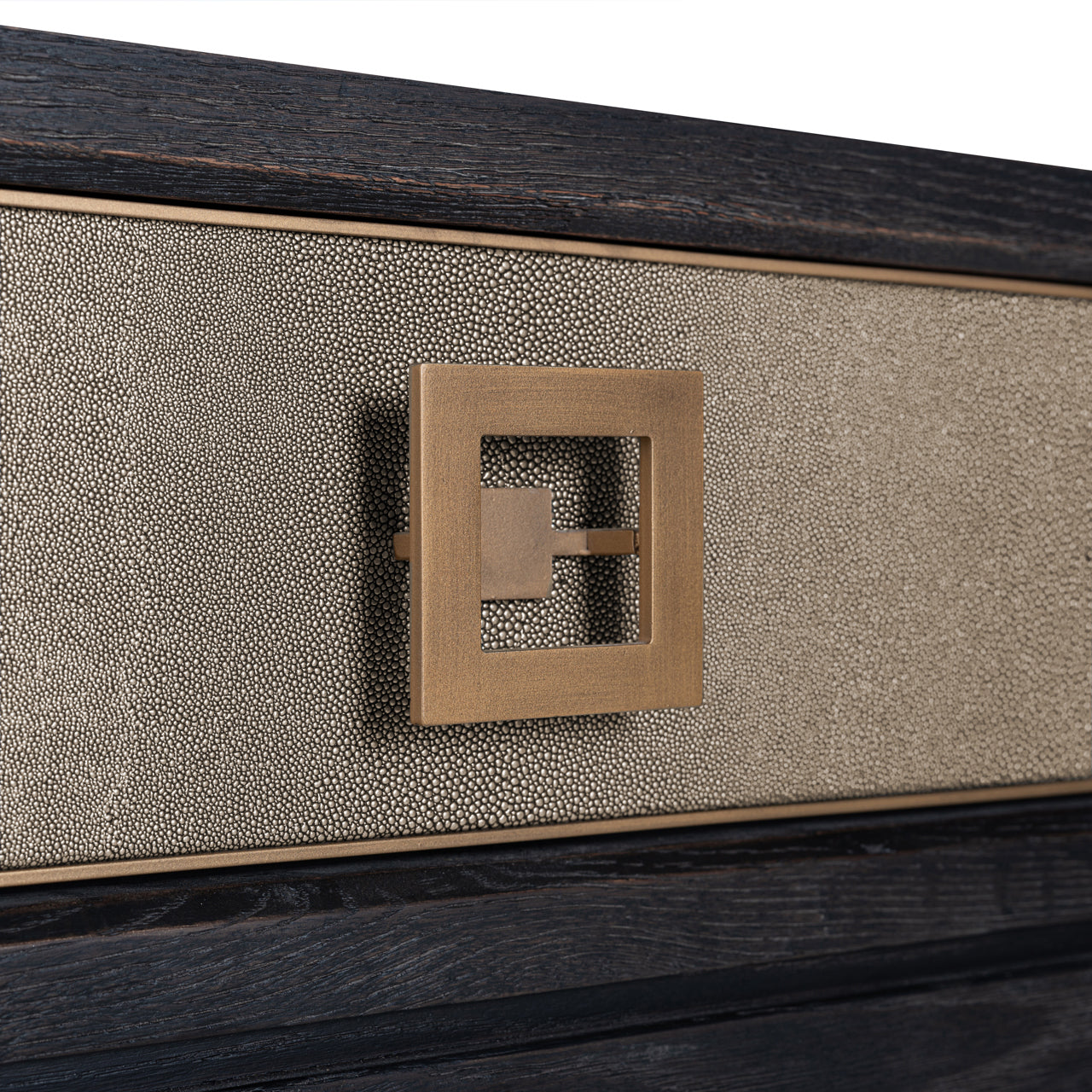 Shagreen and wood console table with drawers and gold handles