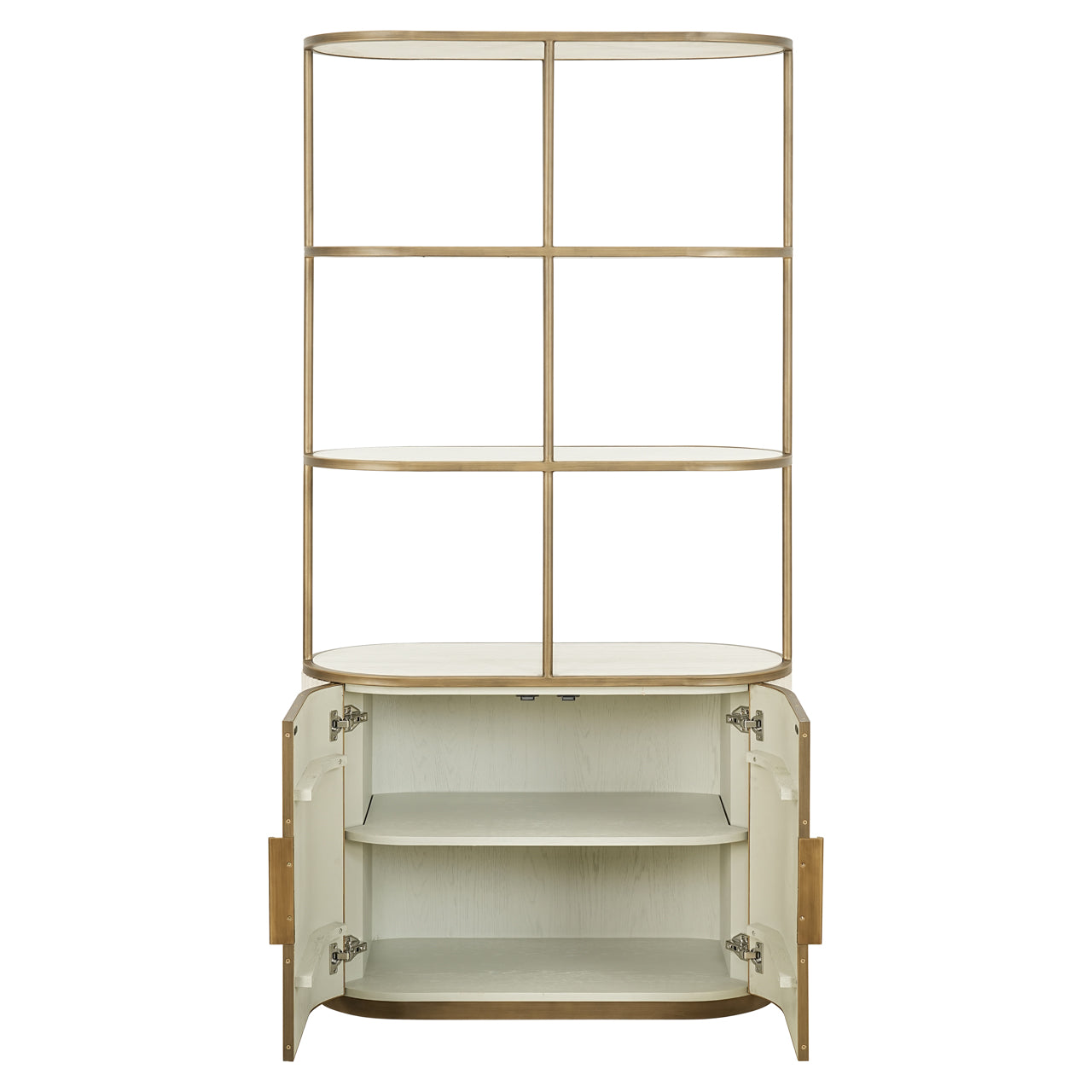 Modern display cabinet with ceramic top, open shelving and gold metal frame.