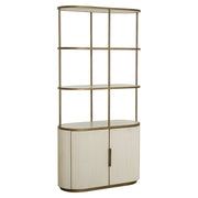Modern display cabinet with ceramic top, open shelving and gold metal frame.