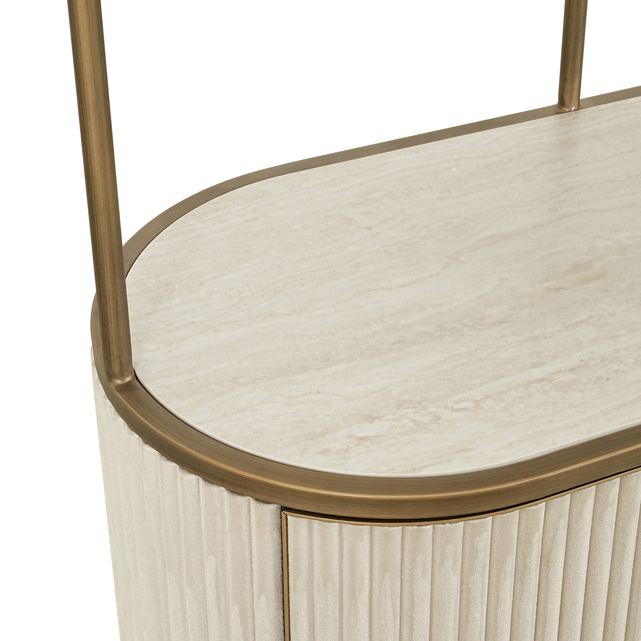 Modern display cabinet with ceramic top, open shelving and gold metal frame.
