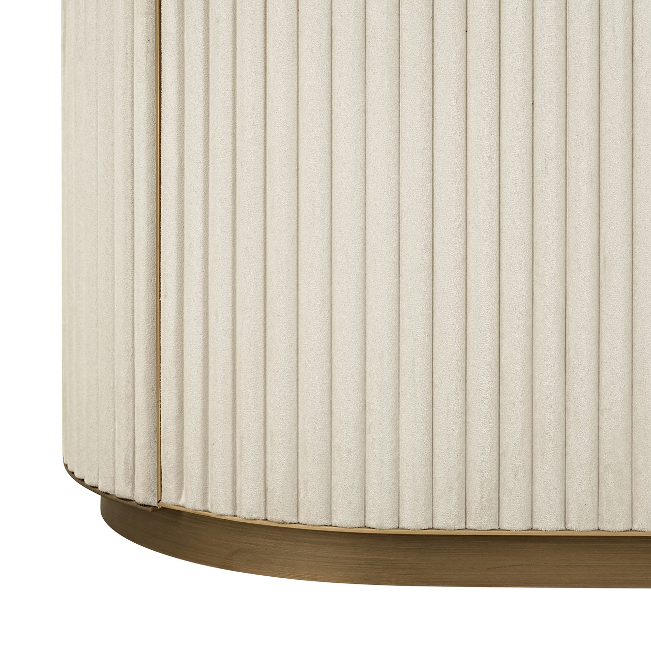 Modern display cabinet with ceramic top, open shelving and gold metal frame.