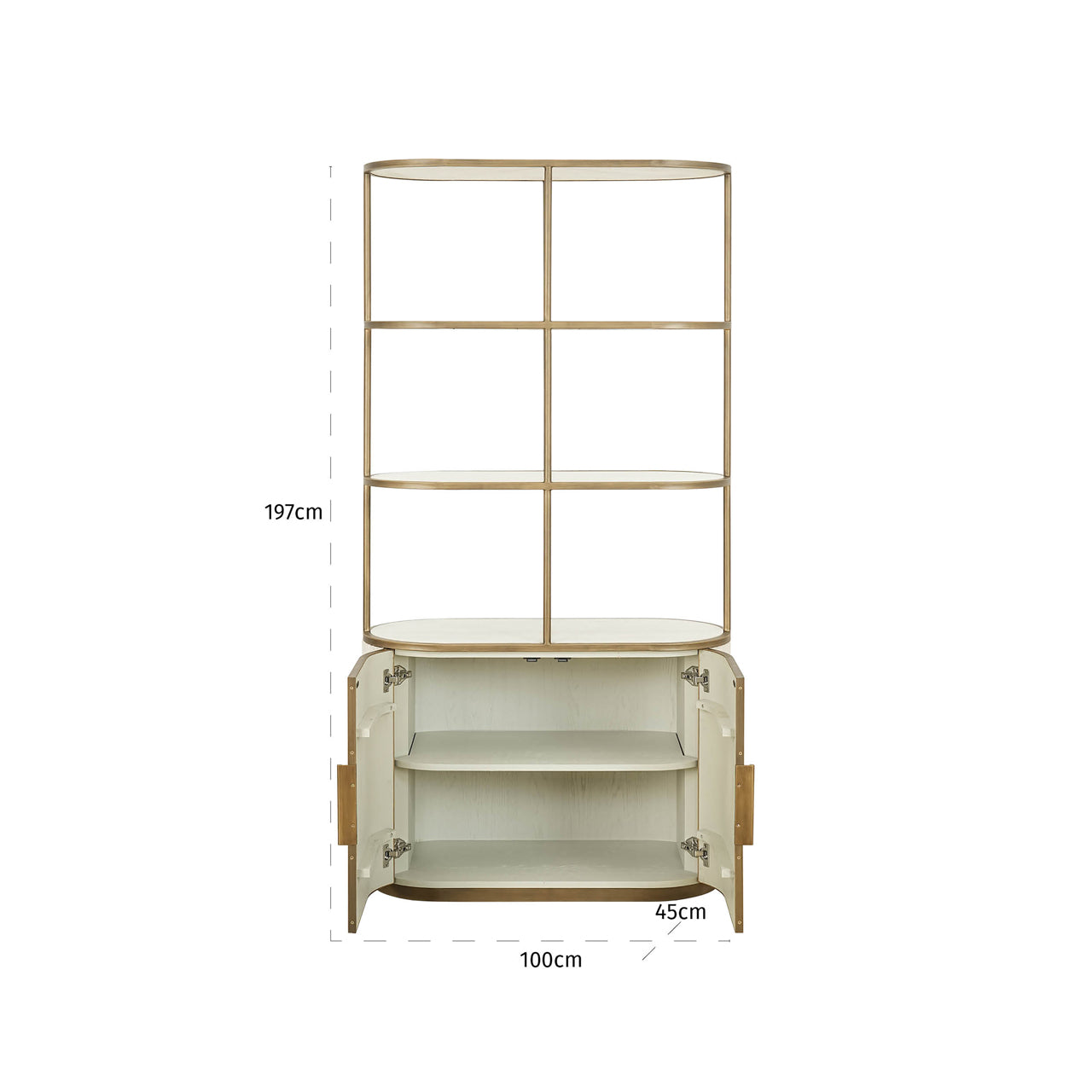 Modern display cabinet with ceramic top, open shelving and gold metal frame.