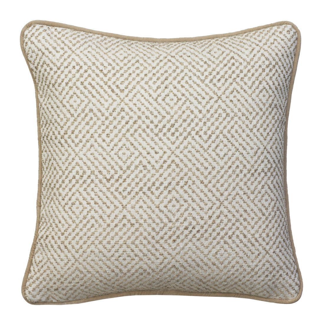 Luxury beige and ivory cushion with a textured geometric diamond weave and soft piped trim.