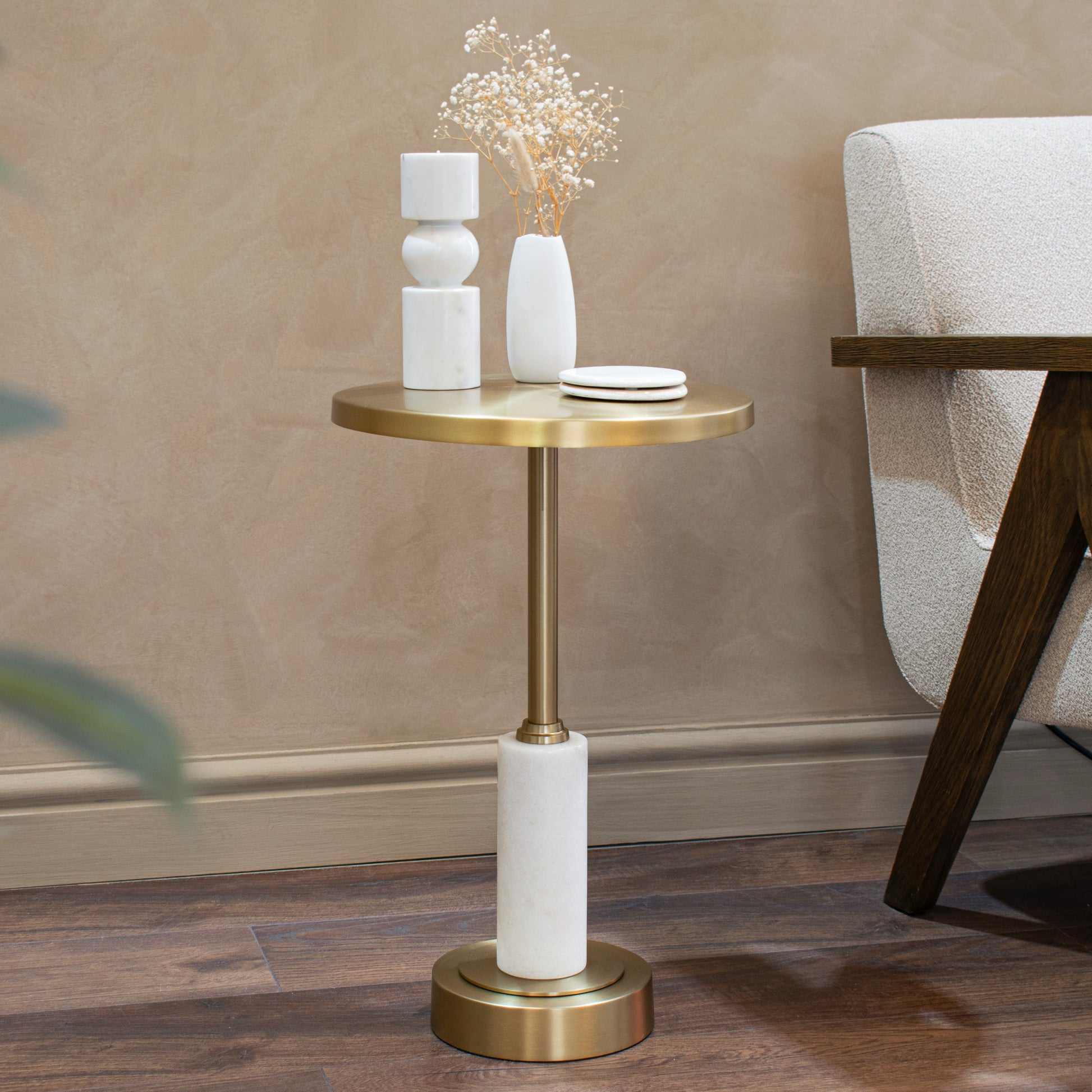 Contemporary Round Gold Side Table with Marble Detail
