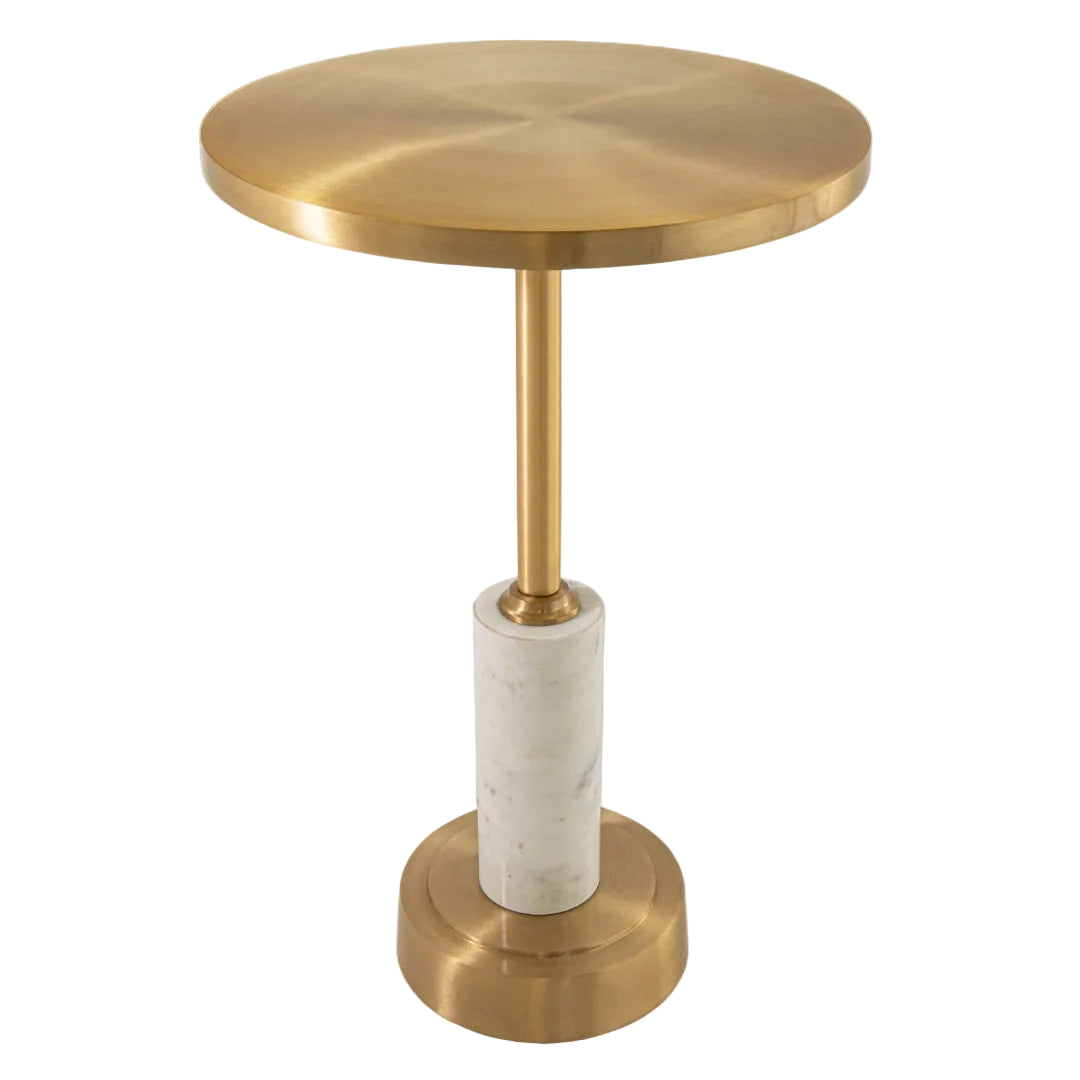Round brass side table with marble column base