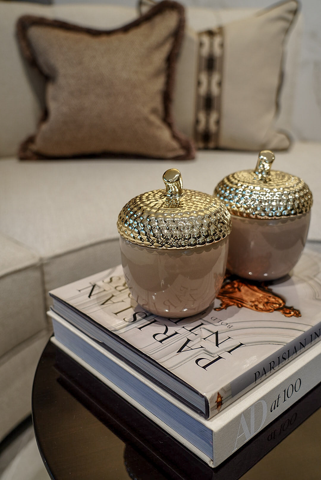 Gold and taupe acorn lidded jar