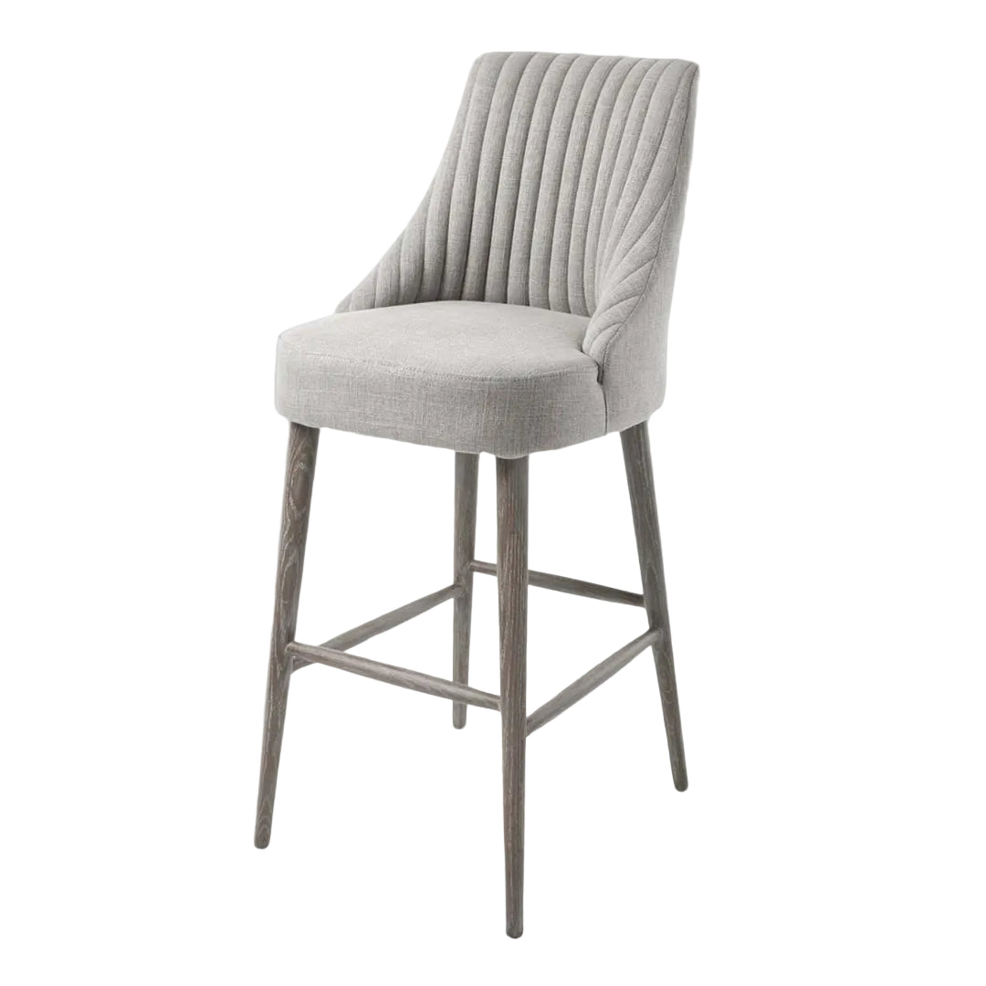 Harlow barstool in warm grey linen-blend fabric for kitchen island and breakfast bar seating.