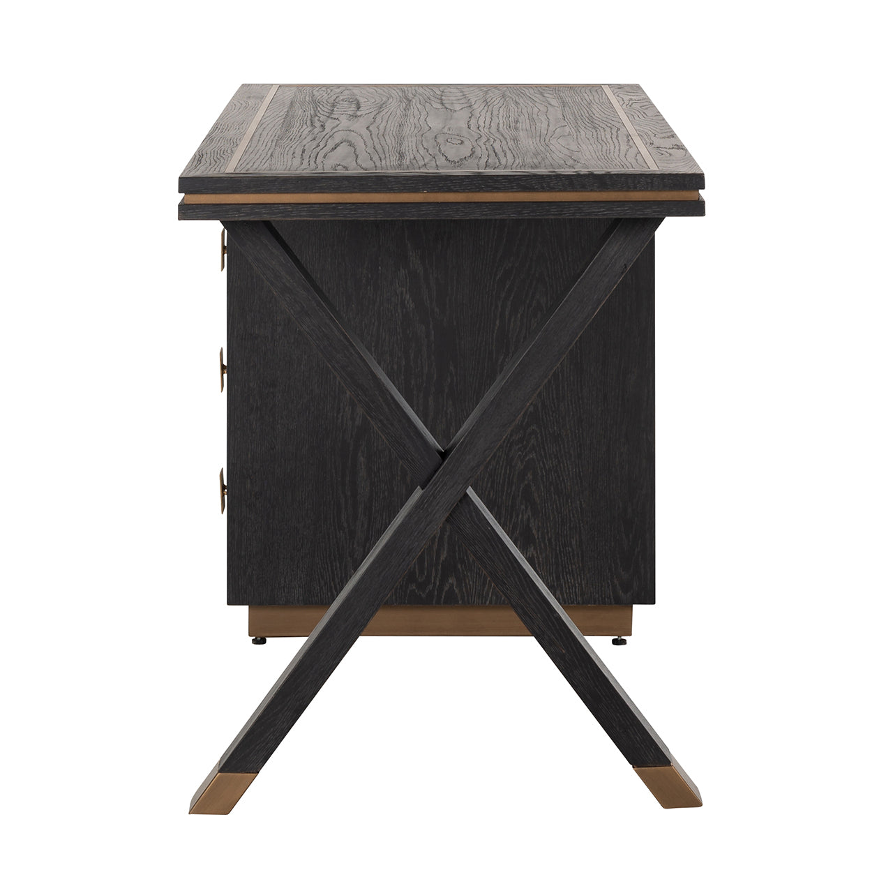 Contemporary black wood desk with brass accents and drawer storage