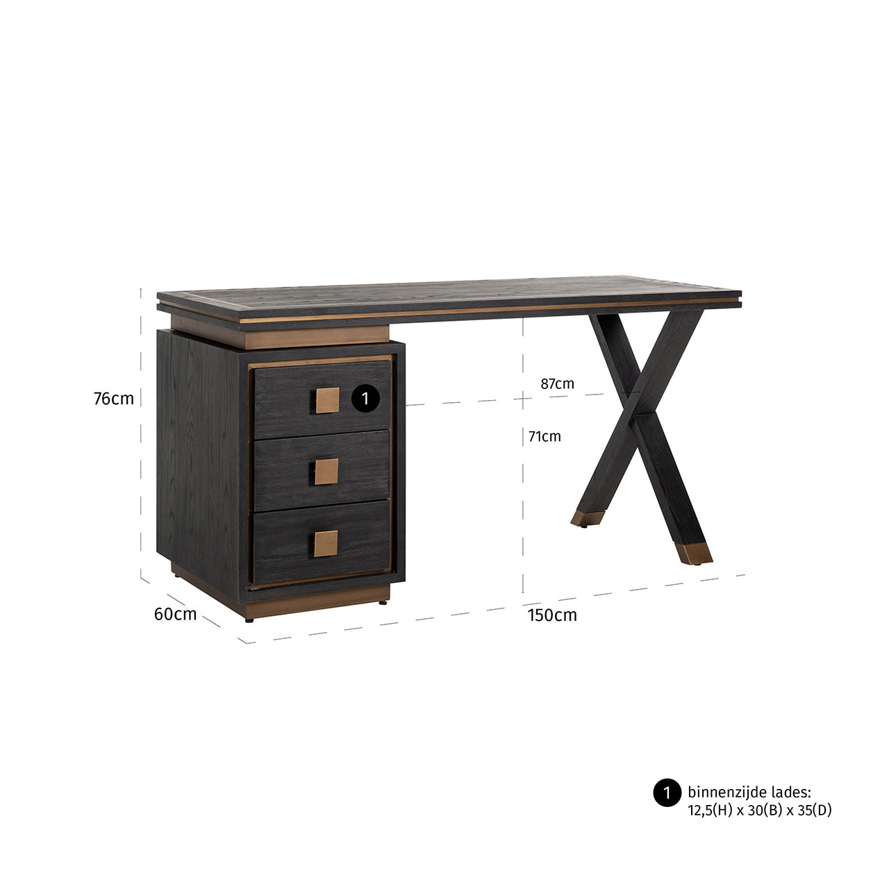 Contemporary black wood desk with brass accents and drawer storage
