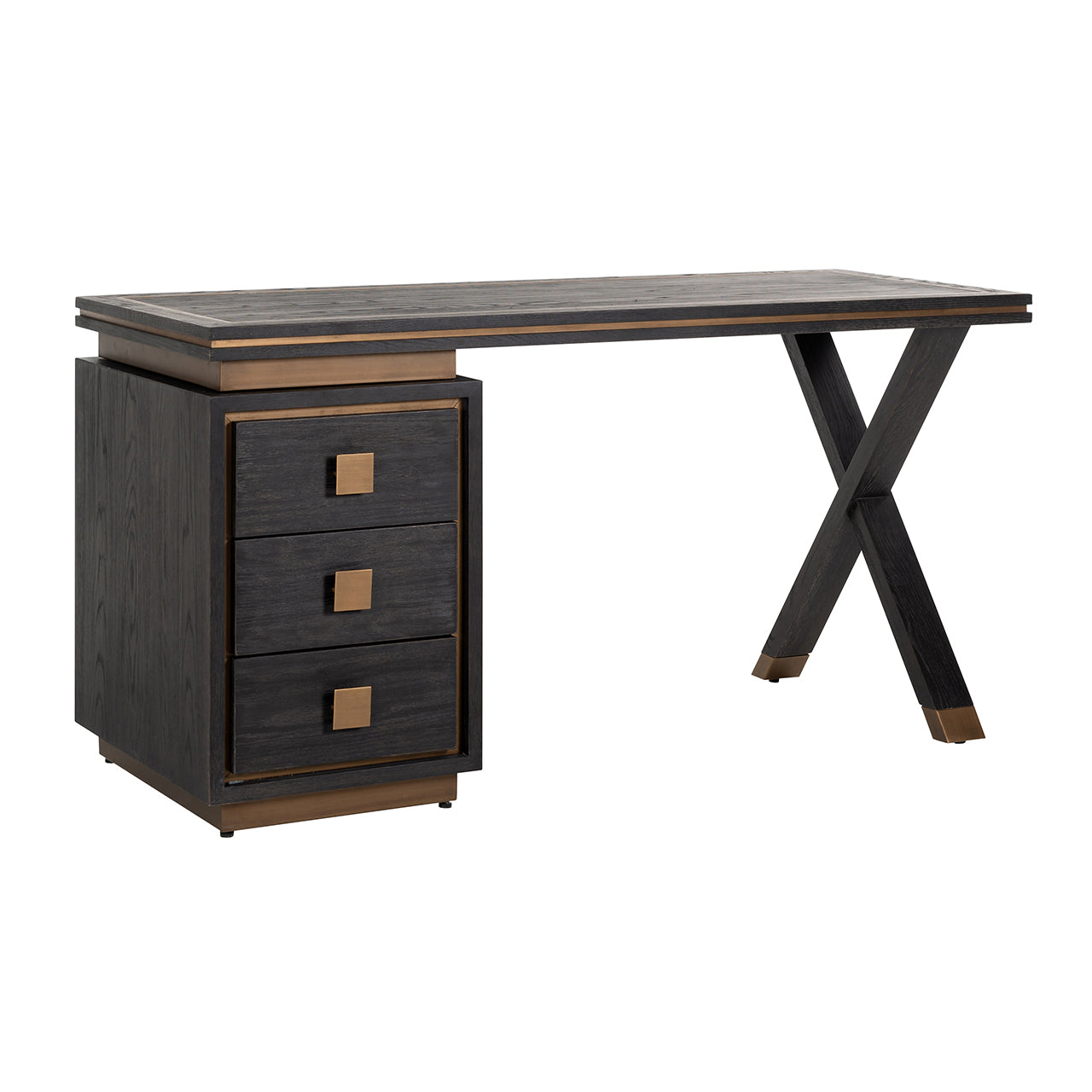 Contemporary black wood desk with brass accents and drawer storage