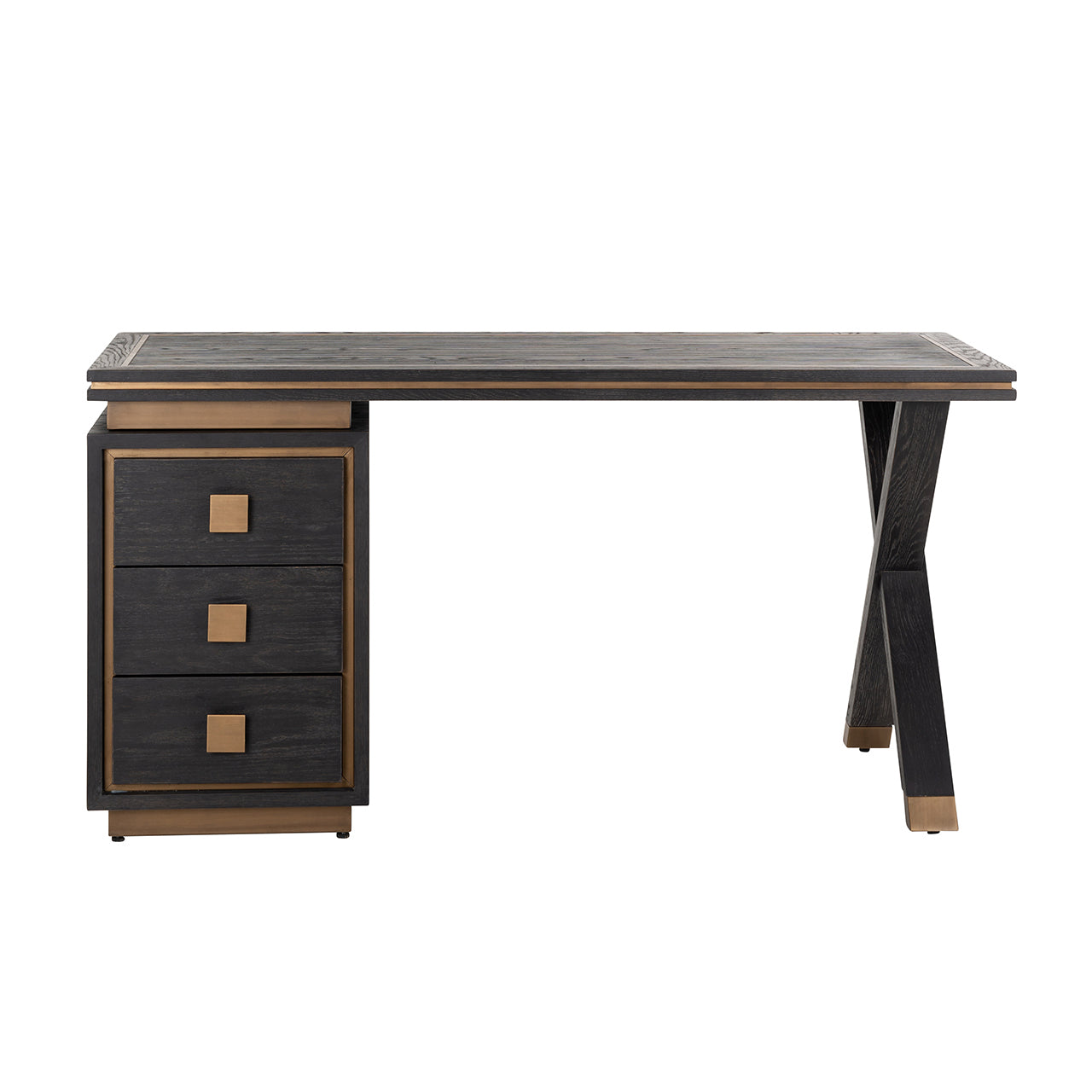 Contemporary black wood desk with brass accents and drawer storage
