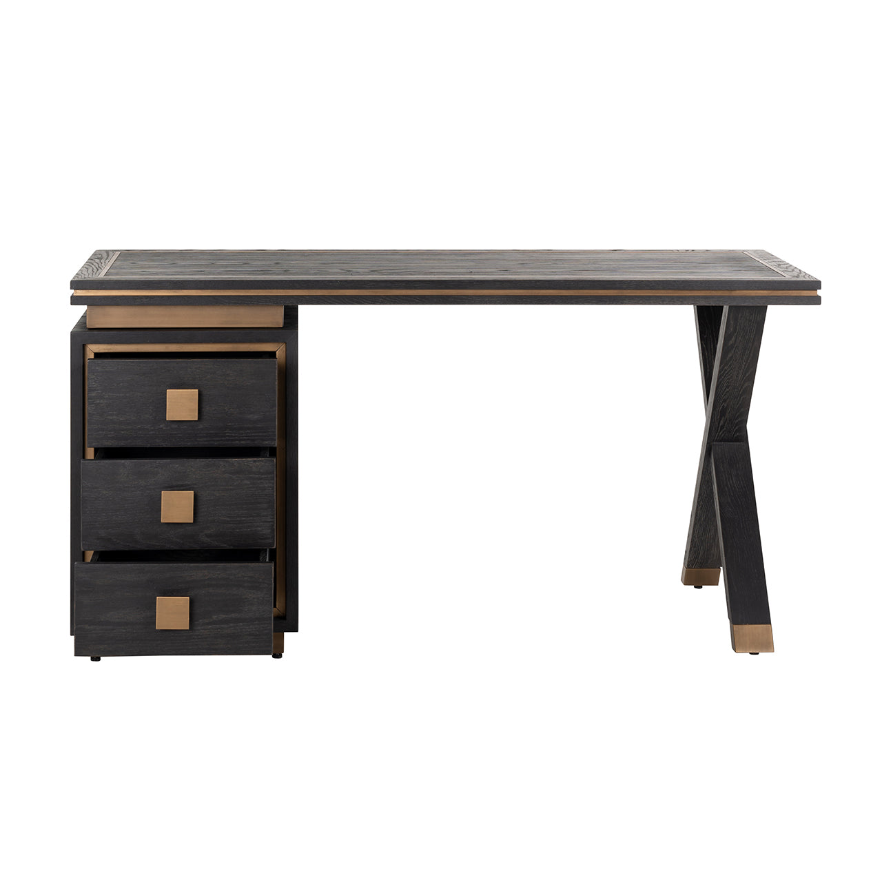Contemporary black wood desk with brass accents and drawer storage