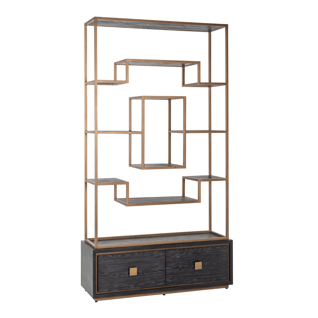 Black oak display cabinet with gold metal frame open shelving and drawers