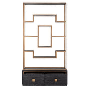 Black oak display cabinet with gold metal frame open shelving and drawers