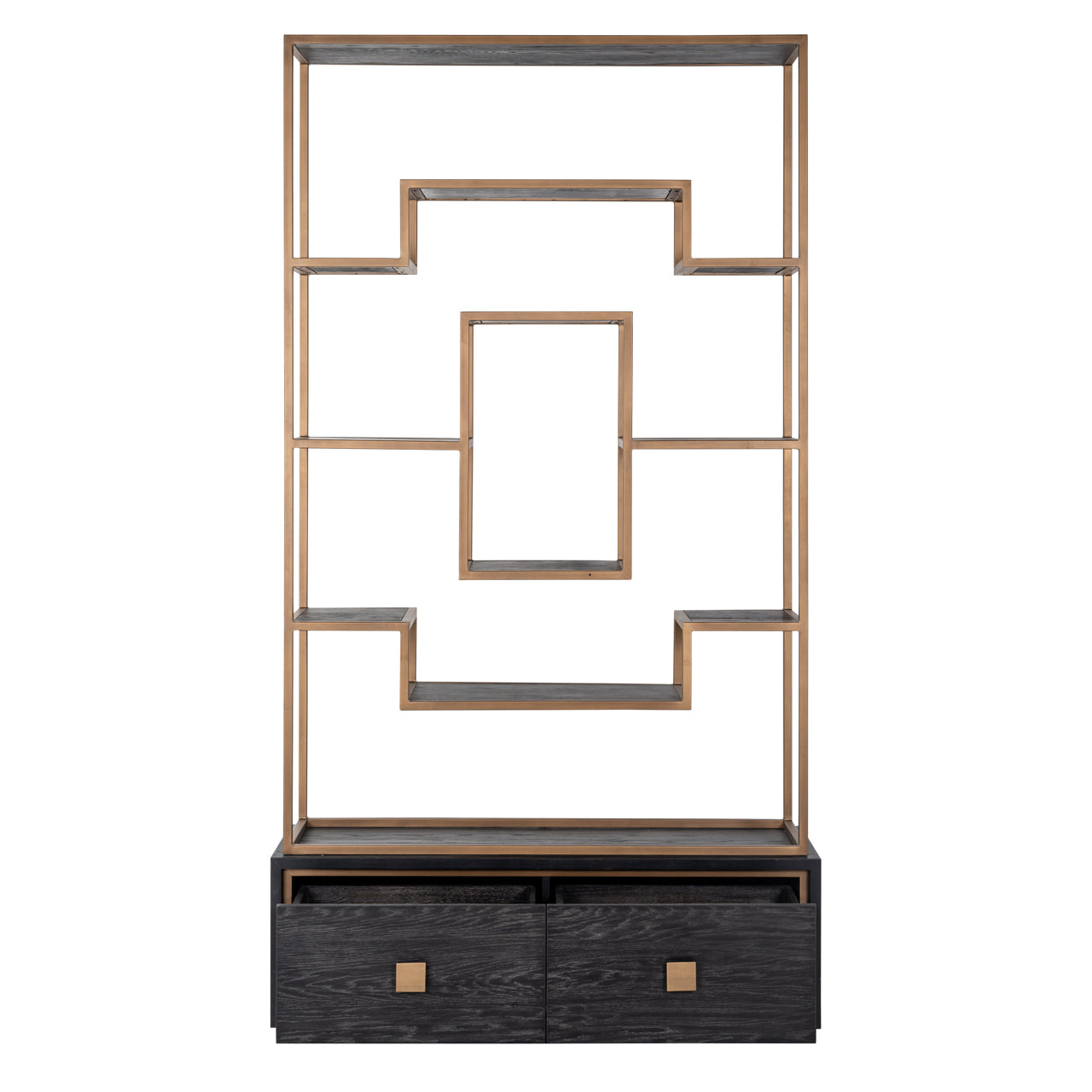 Black oak display cabinet with gold metal frame open shelving and drawers