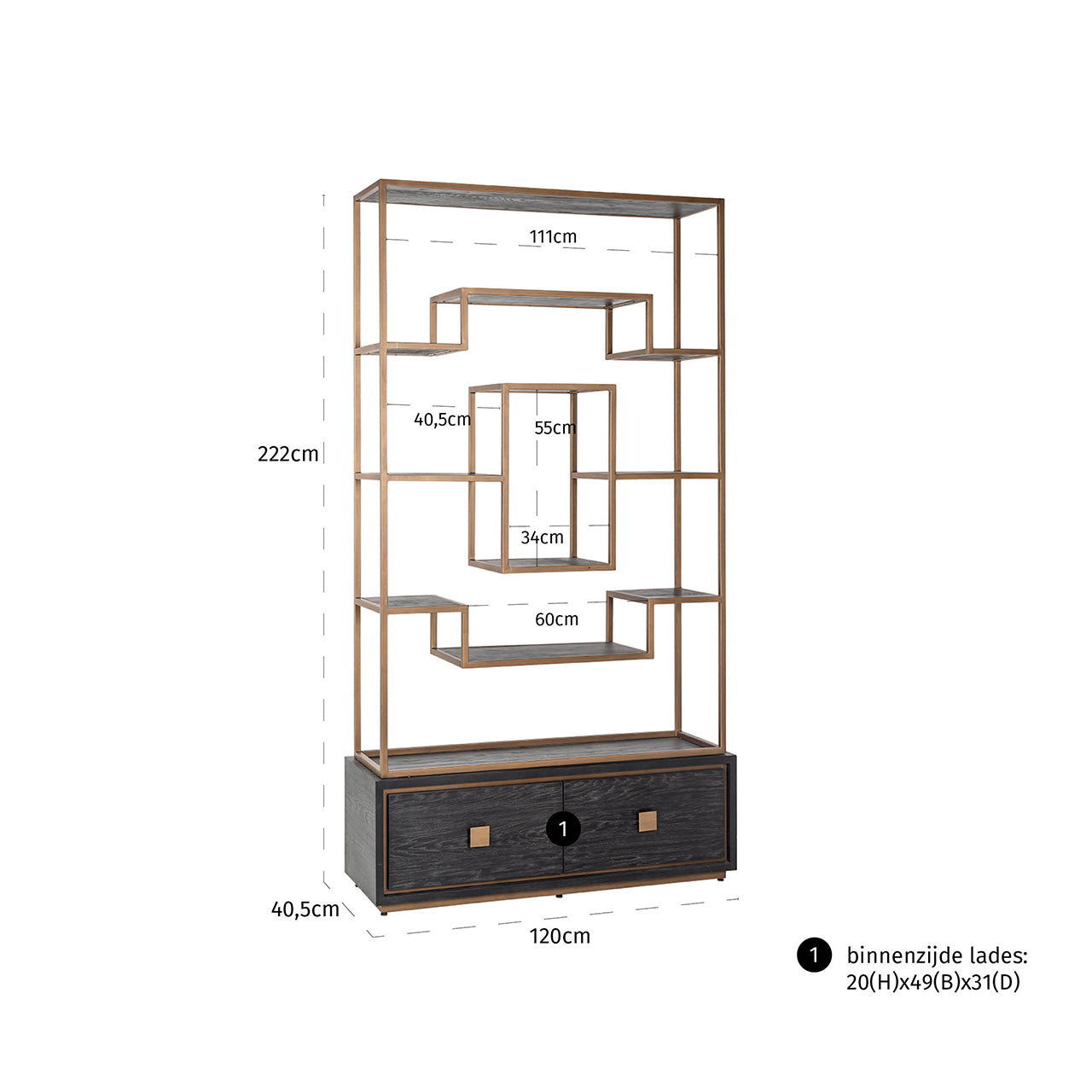 Black oak display cabinet with gold metal frame open shelving and drawers
