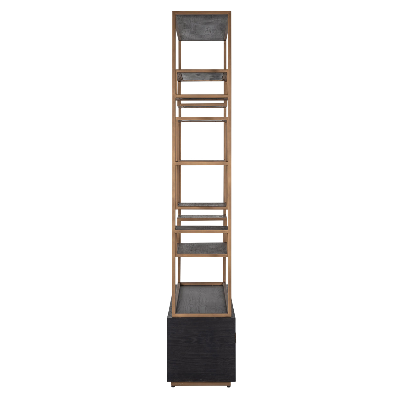 Black oak display cabinet with gold metal frame open shelving and drawers
