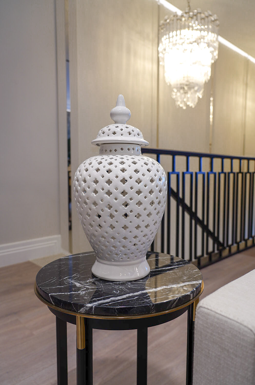 Large white pierced lidded ginger jar