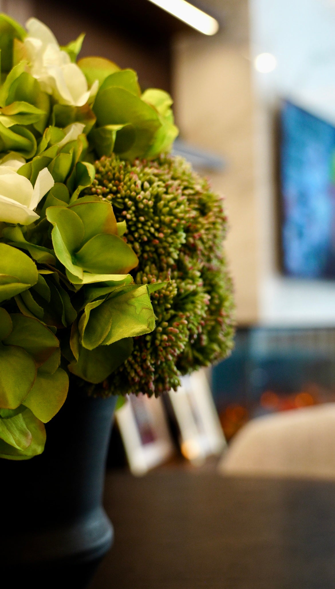 Lime Hydrangea Arrangement in Sedum Urn